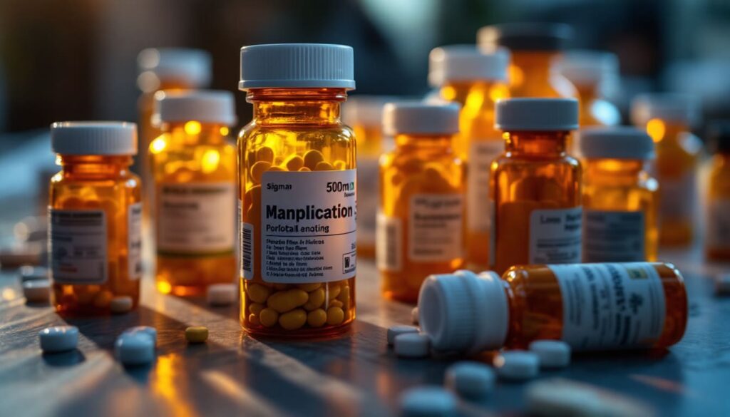 botellas de medicamentos de prescripcion con pastillas sobre mesa con luz azul