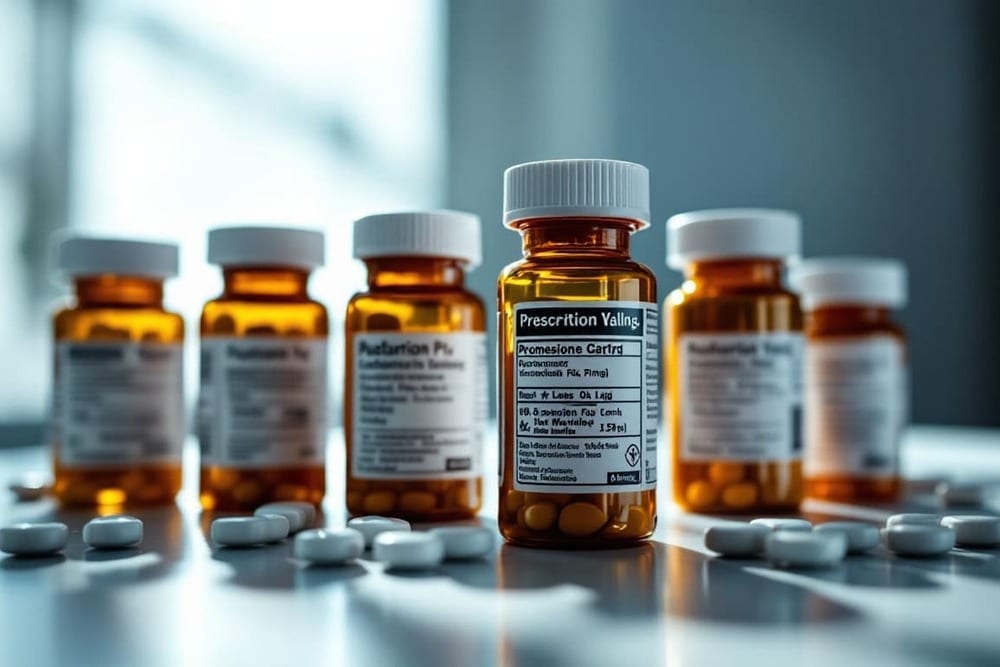 botes de pastillas de receta medica sobre superficie blanca enfilados en farmacia