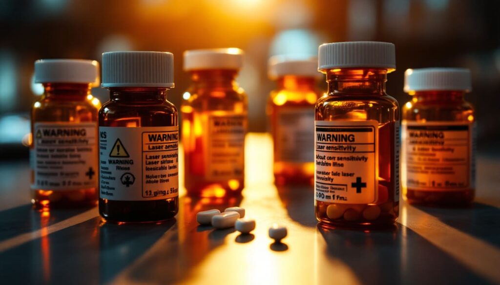 frascos de medicacion varios con etiquetas y comprimidos en fondo oscuro