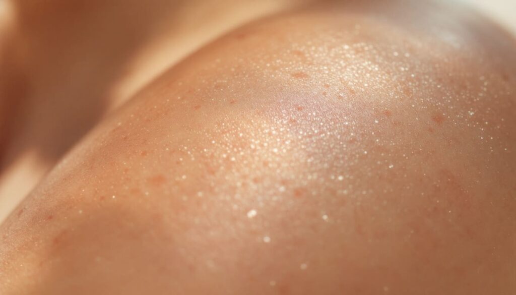 primer plano de hombro de mujer con textura de piel suave y brillo natural