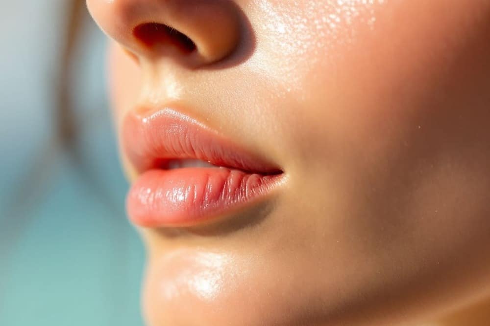 primer plano de labios y piel luminosa en rostro de mujer joven