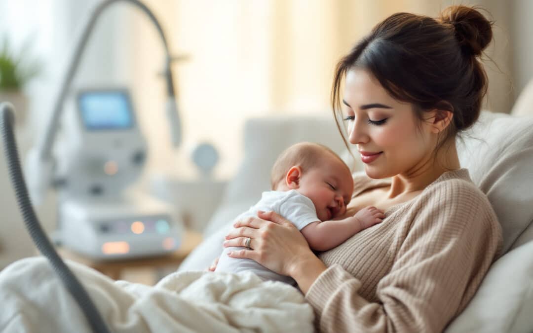 A photograph of a serene mother comfortably breastfeeding her baby in a well-lit