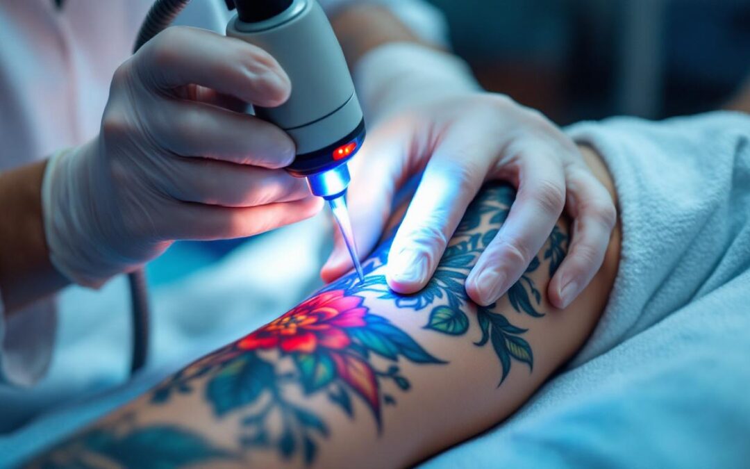 A photograph of a skilled laser technician carefully administering a laser treatment on a tattooed area of skin