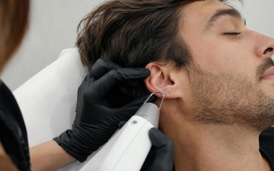 Close-up of a man receiving a laser hair removal treatment on his ear from a professional wearing black gloves.